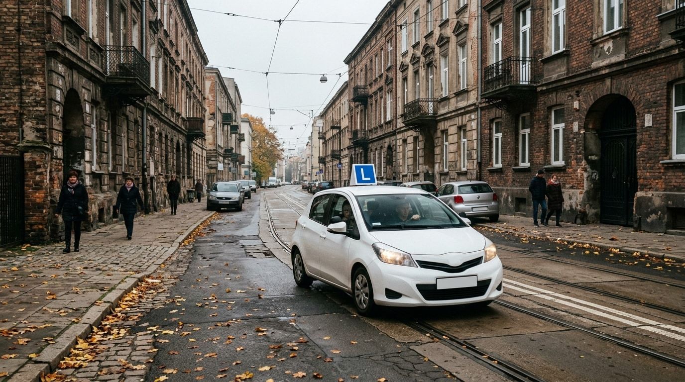 Białe auto szkoły z dachowym znakiem L na brukowanej ulicy Pragi, wśród kamienic