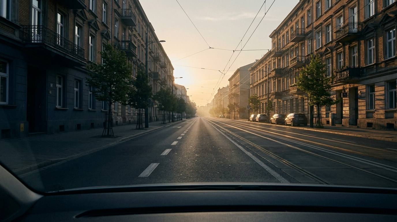 Pusta ulica na Pradze o świcie widziana zza kierownicy: kamienice, tory tramwajowe i przerywany pas prowadzący do słońca.