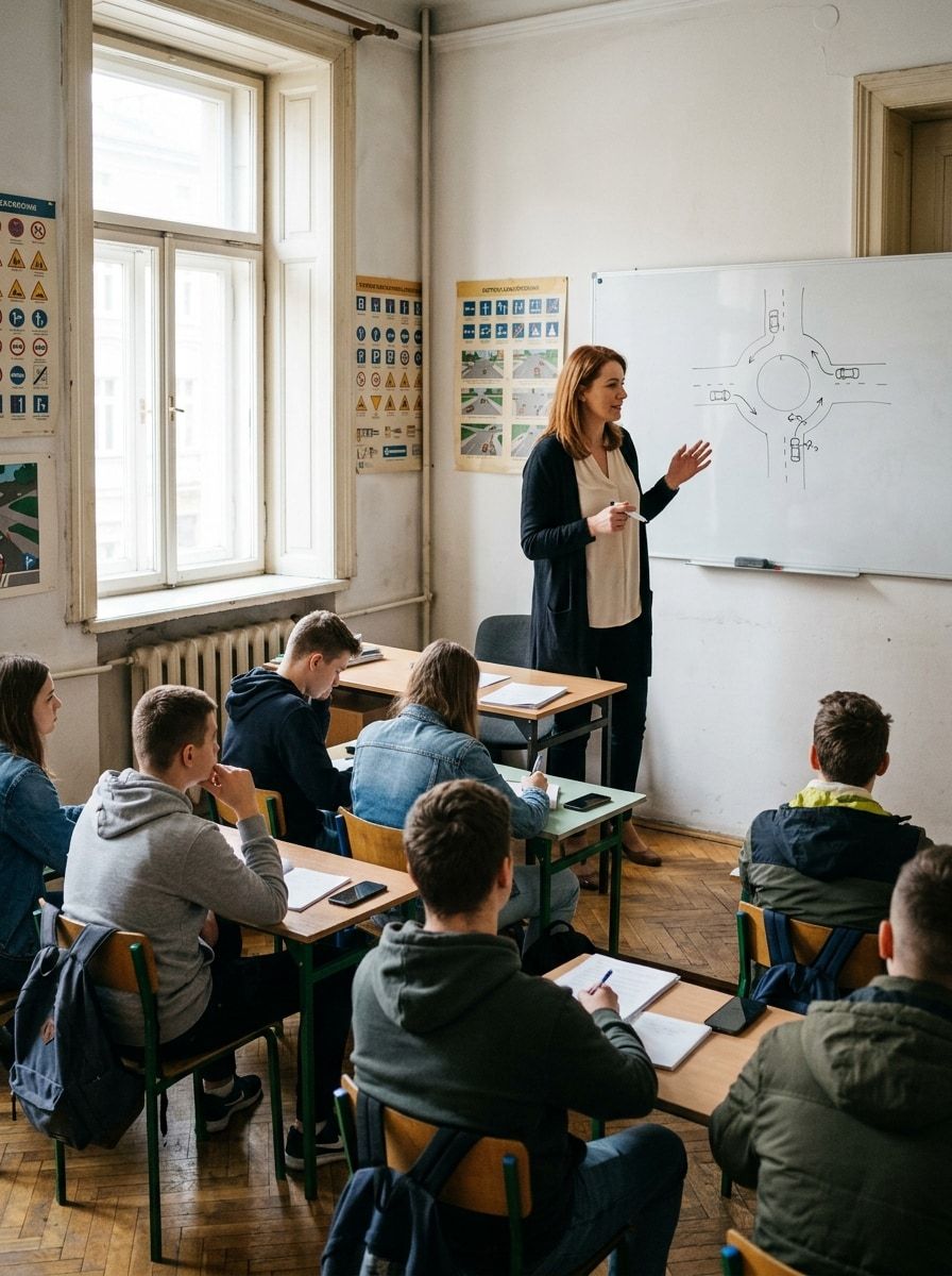 Wykładowczyni Ola tłumaczy rondo narysowane na tablicy, młodzi kursanci słuchają w ławkach w sali z oknami na Pragę