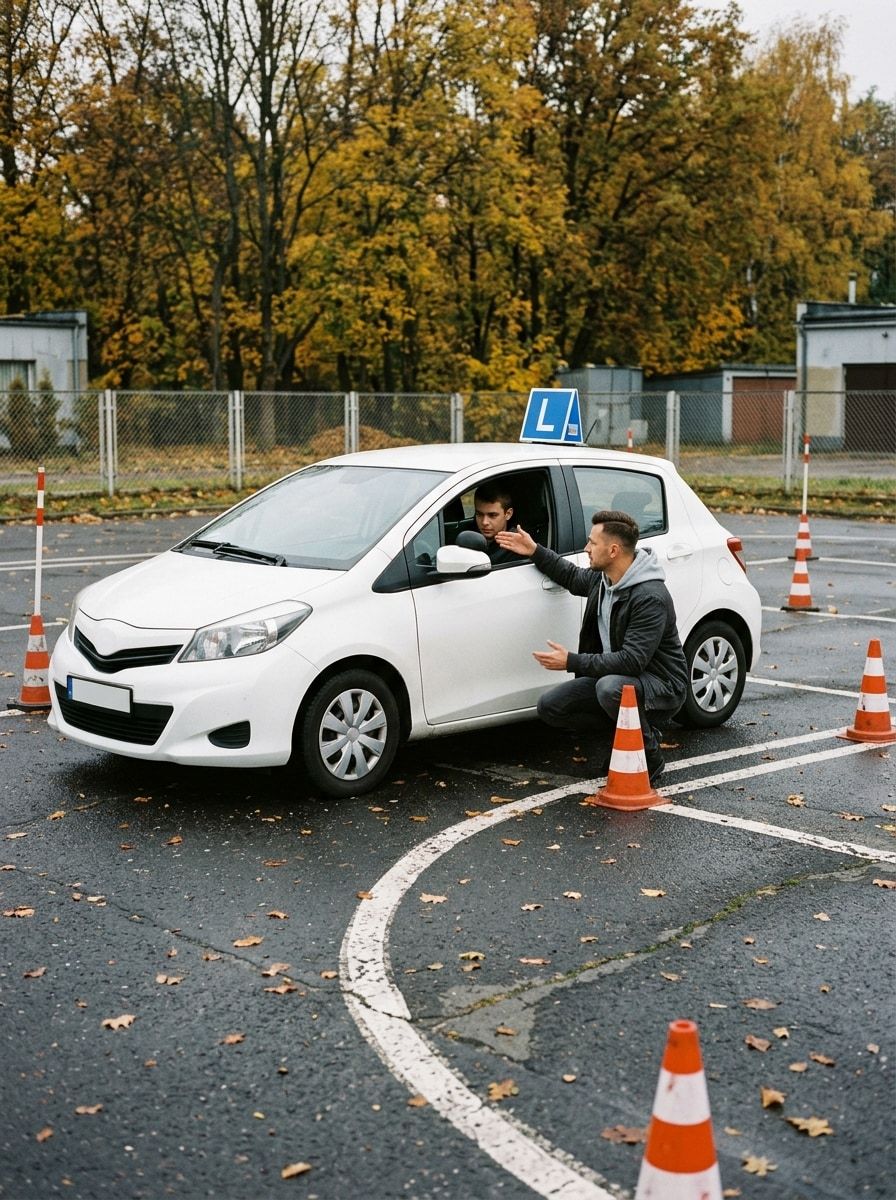 Instruktor Tomek kuca przy aucie szkoły na placu manewrowym między pachołkami i pokazuje kursantowi, jak ustawić koła